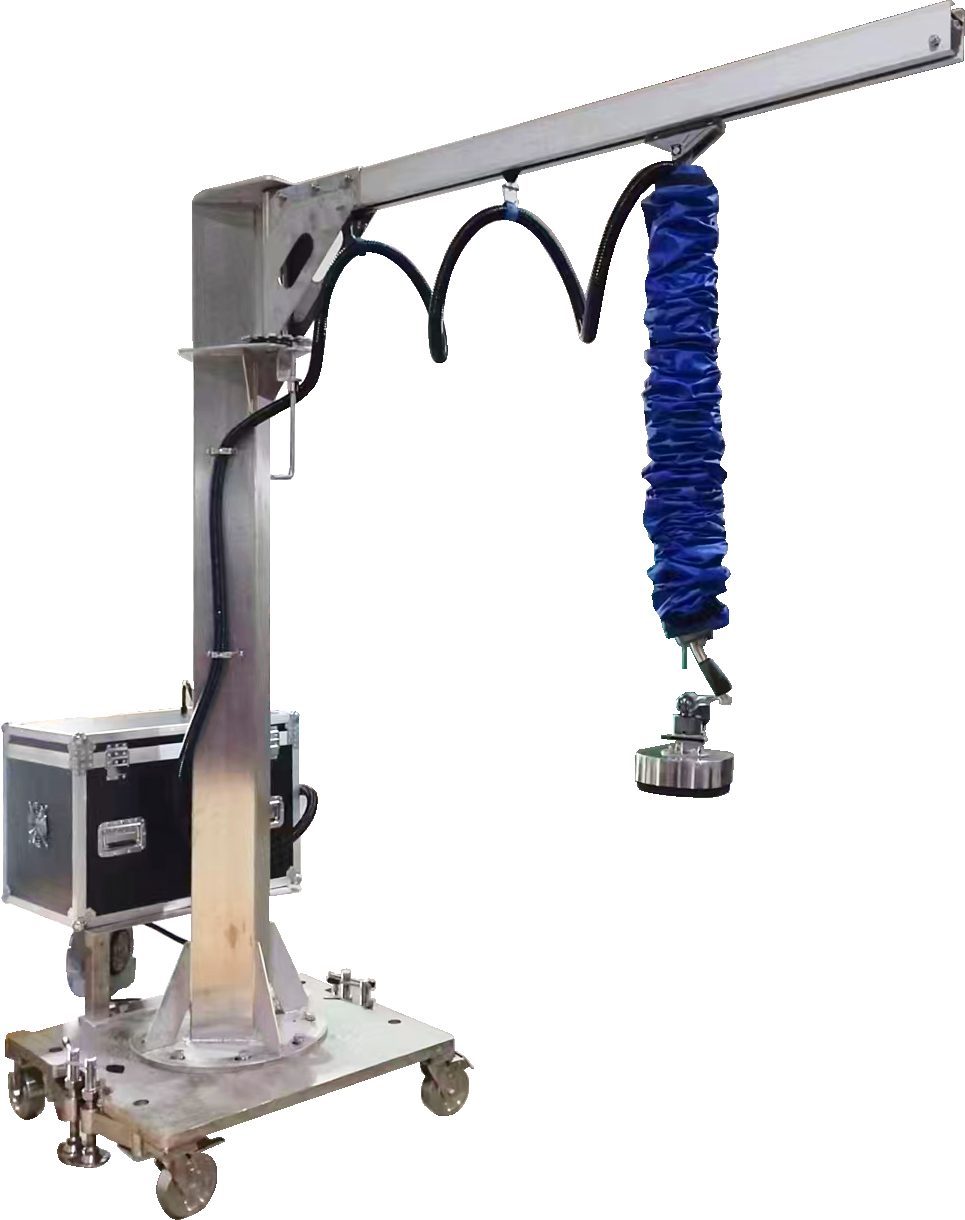 Pillar jib crane with a vacuum tube lifter and pump cabinet