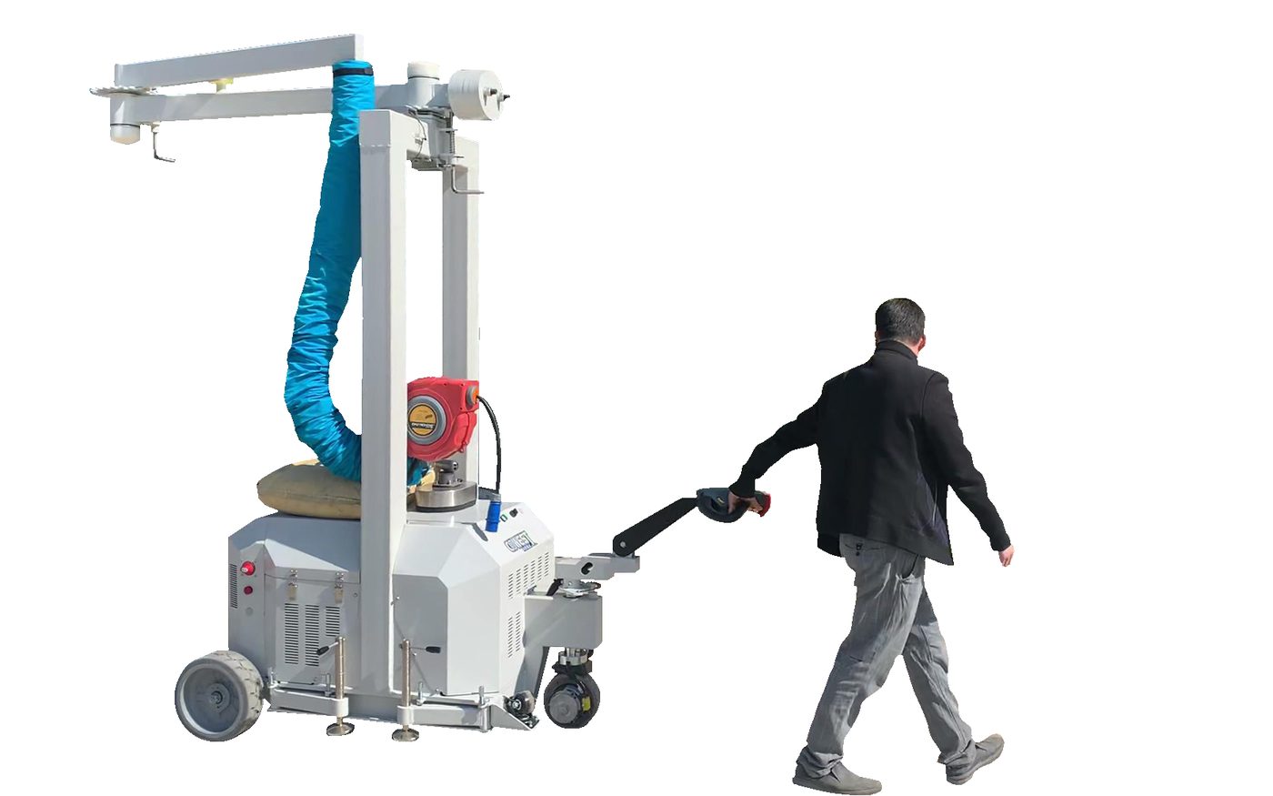Mobile vacuum tube lifter with its pump cabinet in the column base